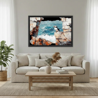 Puffin Coastal Stone Wall Oil Painting Art Print l2009