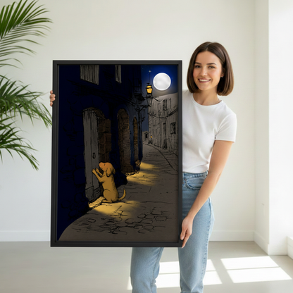 Moonlit dog knocking door framed canvas hanging in dining room, dramatic European alley night scene wall art, emotional dog lover gift idea