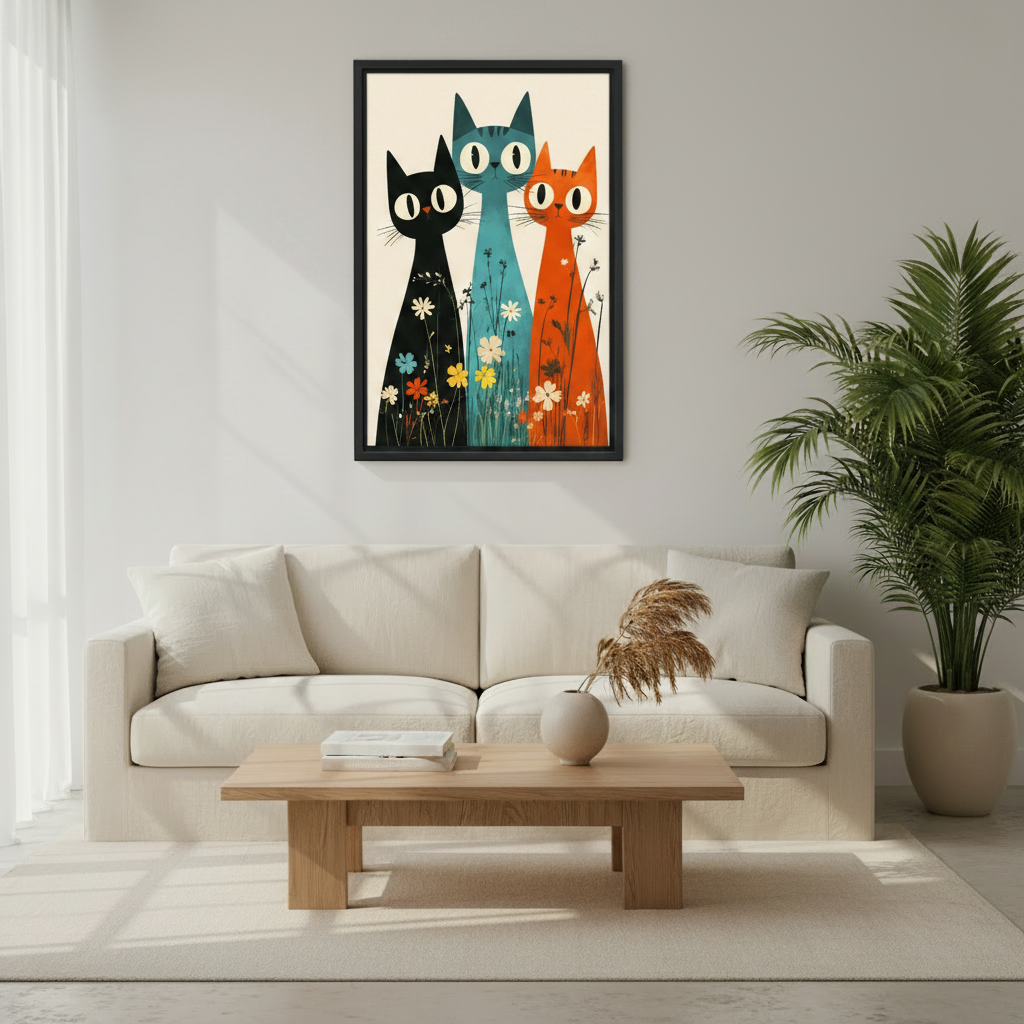 Colorful three cats and wildflowers framed art print – mid-century style canvas for living room or office