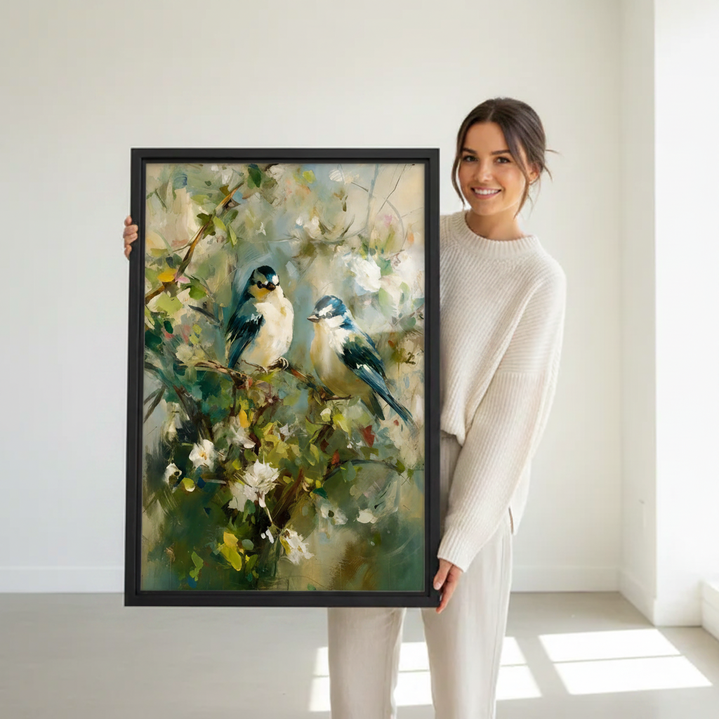 Blue tit bird framed print hanging in entryway, oil painting style with white flowers and green leaves, premium home wall art