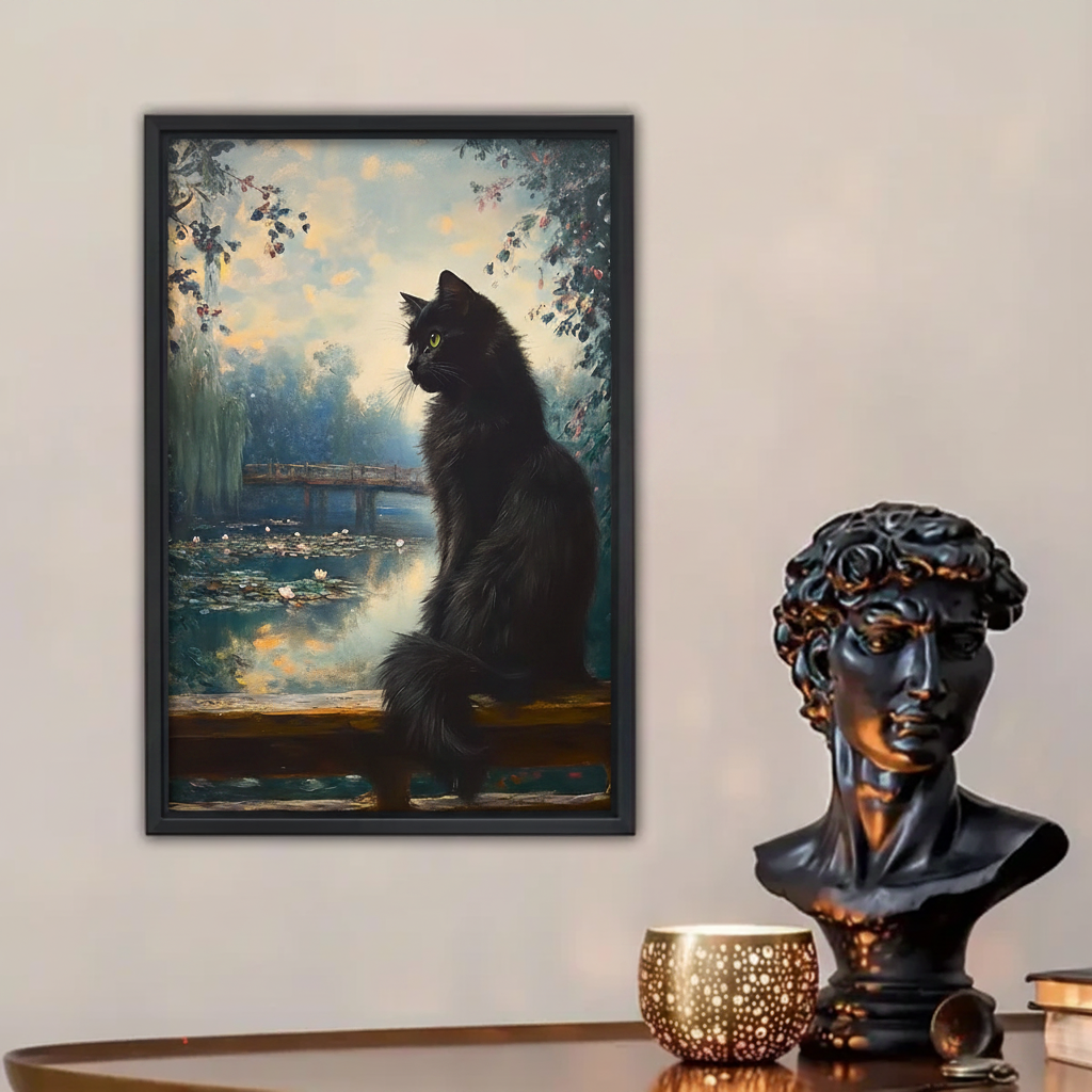 Black cat oil painting canvas wall art — impressionist Monet garden style, lily pond and bridge, black frame
