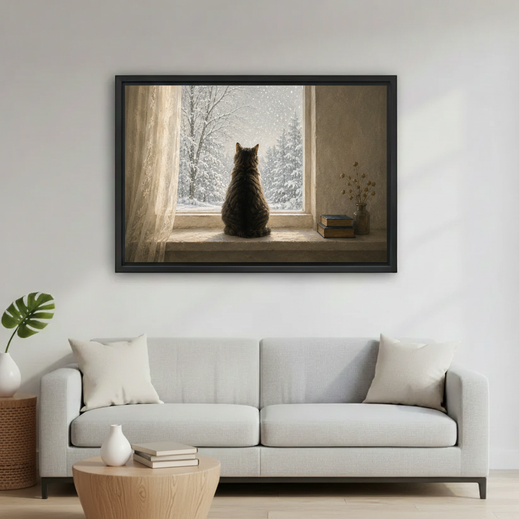 Cat watching snow window oil painting wall art print above sofa, cozy winter home decor