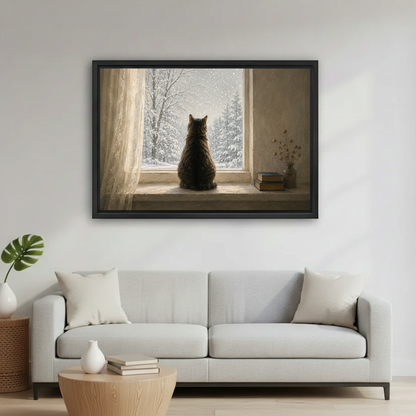 Cat watching snow window oil painting wall art print above sofa, cozy winter home decor