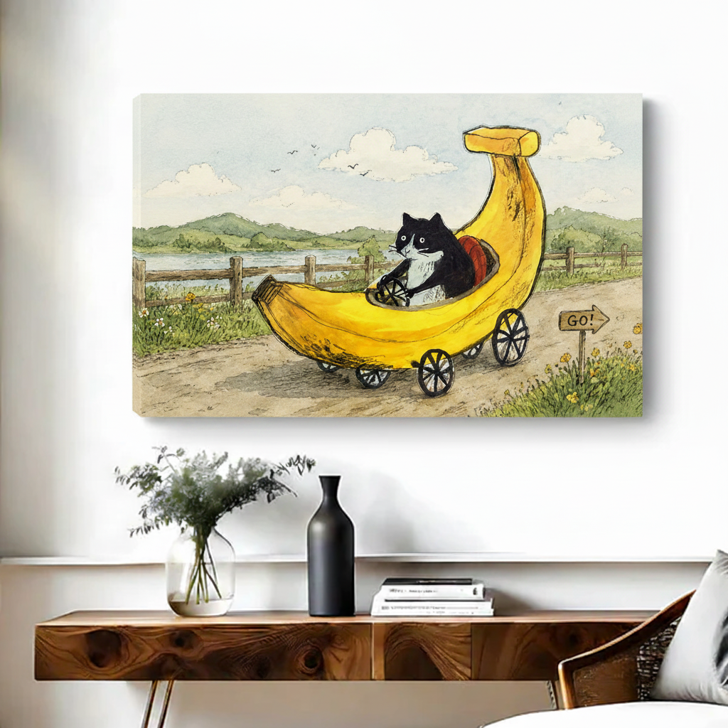 Black and white cat banana car wall art