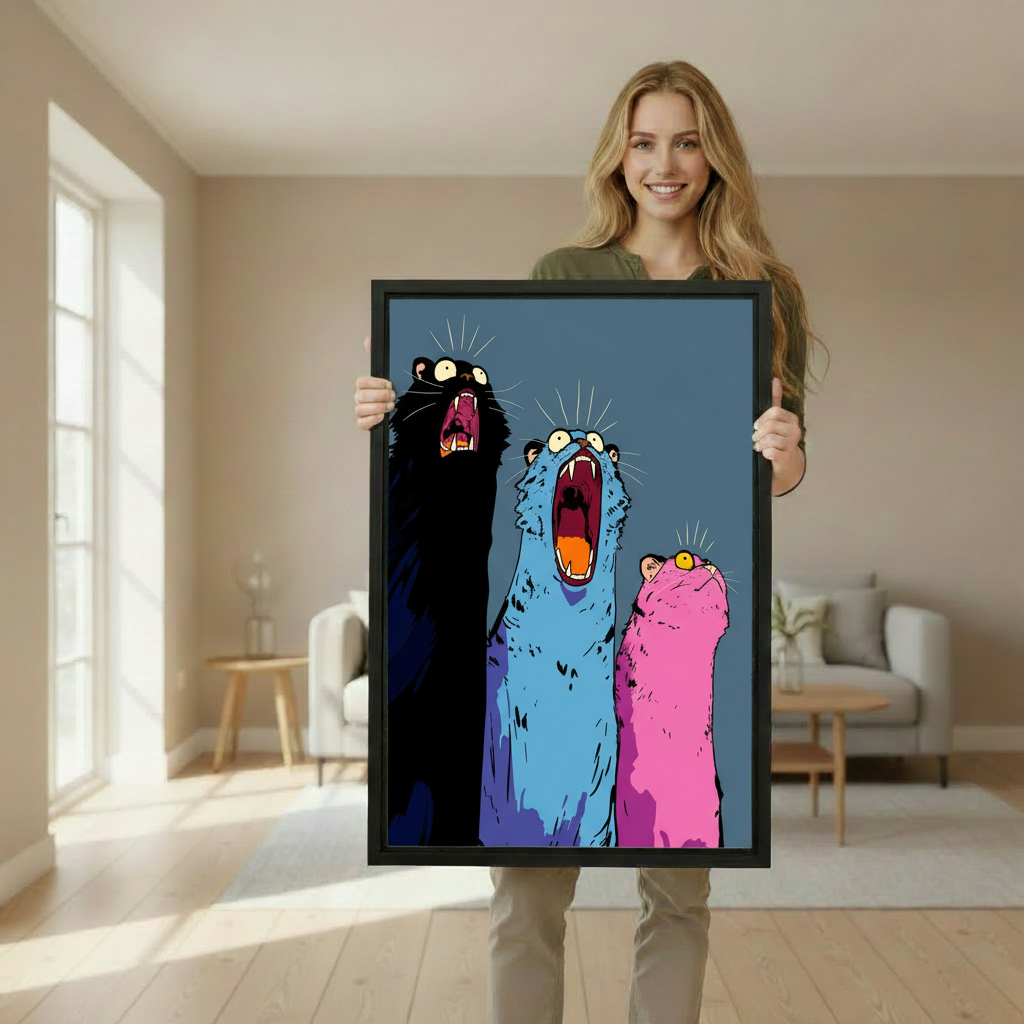 Woman holding three screaming cats pop art canvas print, vibrant colorful cat lover wall art gift