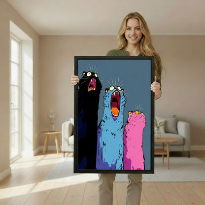 Woman holding three screaming cats pop art canvas print, vibrant colorful cat lover wall art gift
