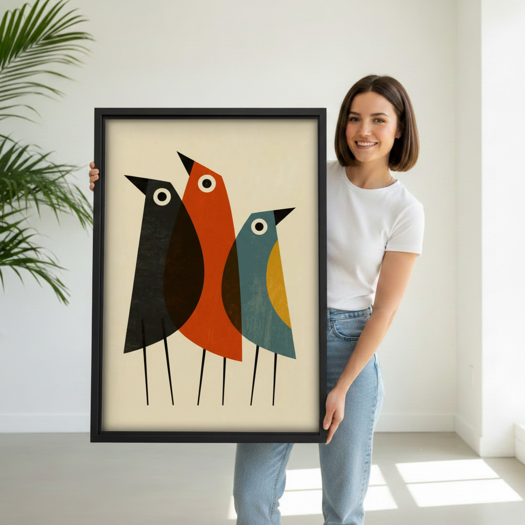 Woman holding mid-century modern three birds abstract wall art print, black frame, geometric bird illustration, gift idea
