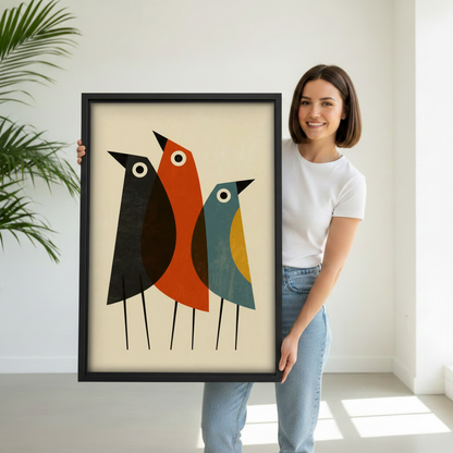 Woman holding mid-century modern three birds abstract wall art print, black frame, geometric bird illustration, gift idea