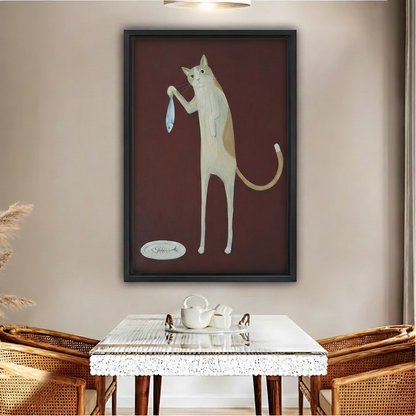 Whimsical tall cat holding fish canvas wall art print – burgundy dining room decor