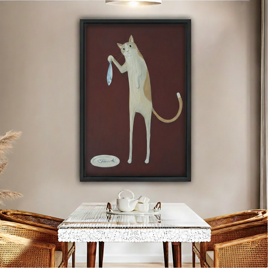 Whimsical tall cat holding fish canvas wall art print – burgundy dining room decor