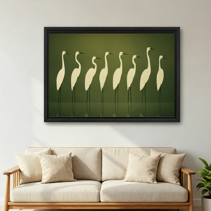 White egrets minimalist zen canvas wall art displayed in modern living room, serene nature framed print decor