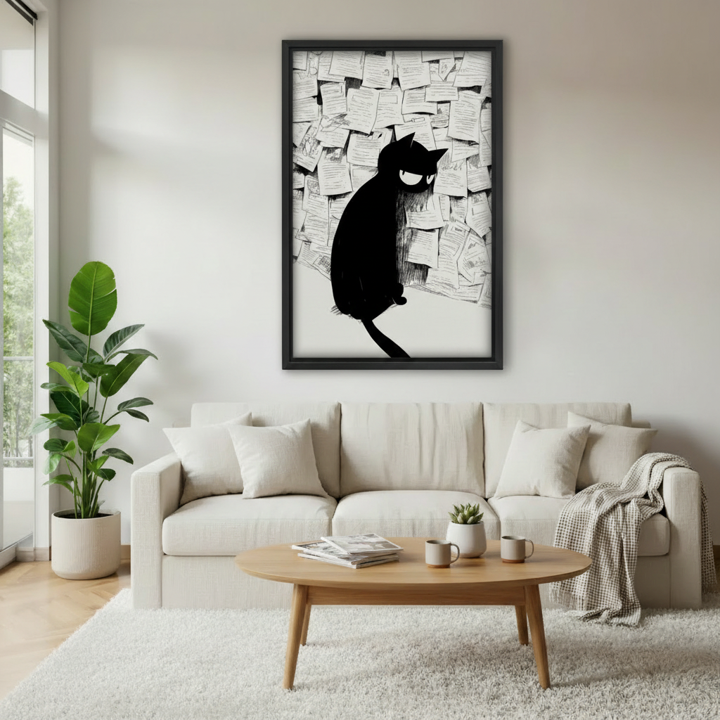 Woman holding angry black cat sketch framed canvas print — bold ink art, cat lover gift wall art