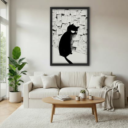 Woman holding angry black cat sketch framed canvas print — bold ink art, cat lover gift wall art
