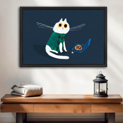 Cat in a Sweater with Pizza Whimsical Canvas Wall Art — black framed print displayed on a living room wall