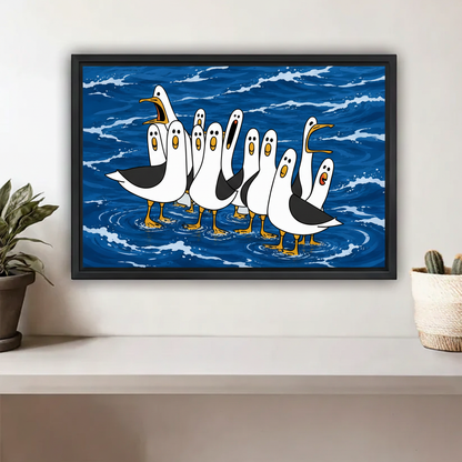 Funny seagull gang framed canvas print hanging above white shelf — coastal cartoon wall art