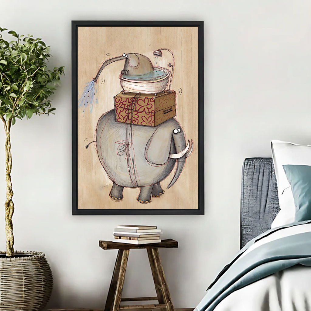 Whimsical elephant bath canvas wall art in a black frame beside a bed, with a tree and wooden stool.