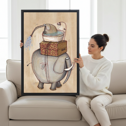 Whimsical elephant bath canvas wall art in a black frame above a white and gold home office desk.