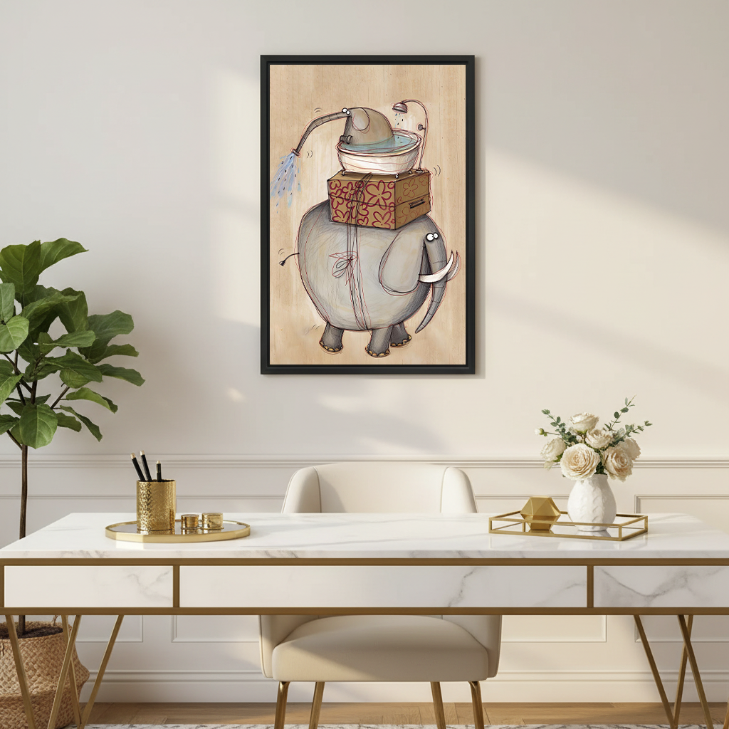 Framed elephant bath canvas wall art with a warm beige background above a light sofa and wooden coffee table.