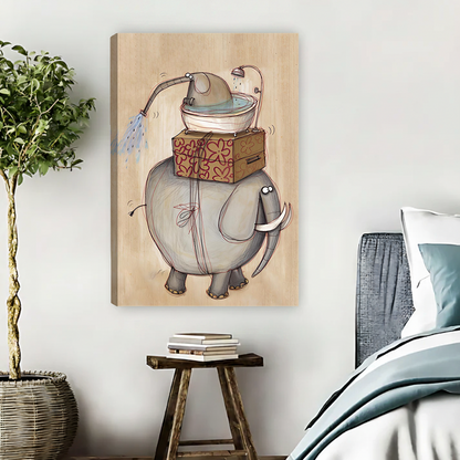 Unframed elephant bath canvas wall art showing two gray elephants and a bathtub, displayed beside a bed.