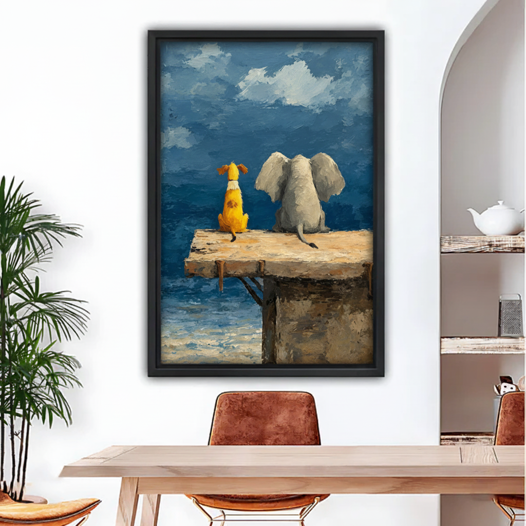  Framed elephant and dog seaside canvas wall art displayed above a dining table with a plant