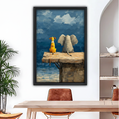  Framed elephant and dog seaside canvas wall art displayed above a dining table with a plant