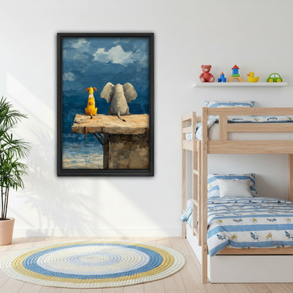 Elephant and dog seaside canvas wall art adding a gentle coastal touch to a children's bedroom