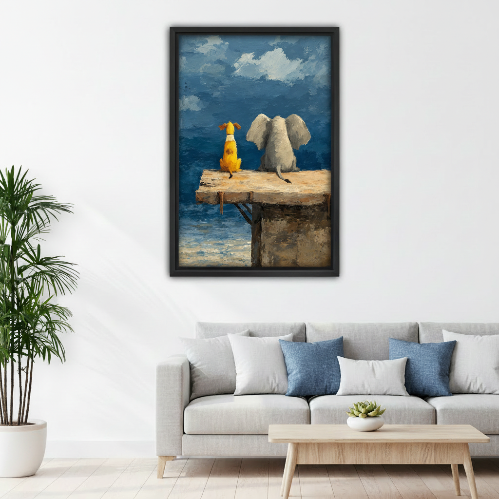Elephant and dog seaside canvas wall art displayed above a sofa in a bright living room