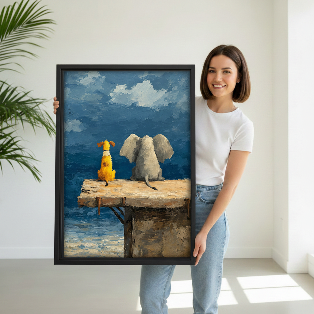 Woman holding elephant and dog seaside canvas wall art to show the framed artwork scale