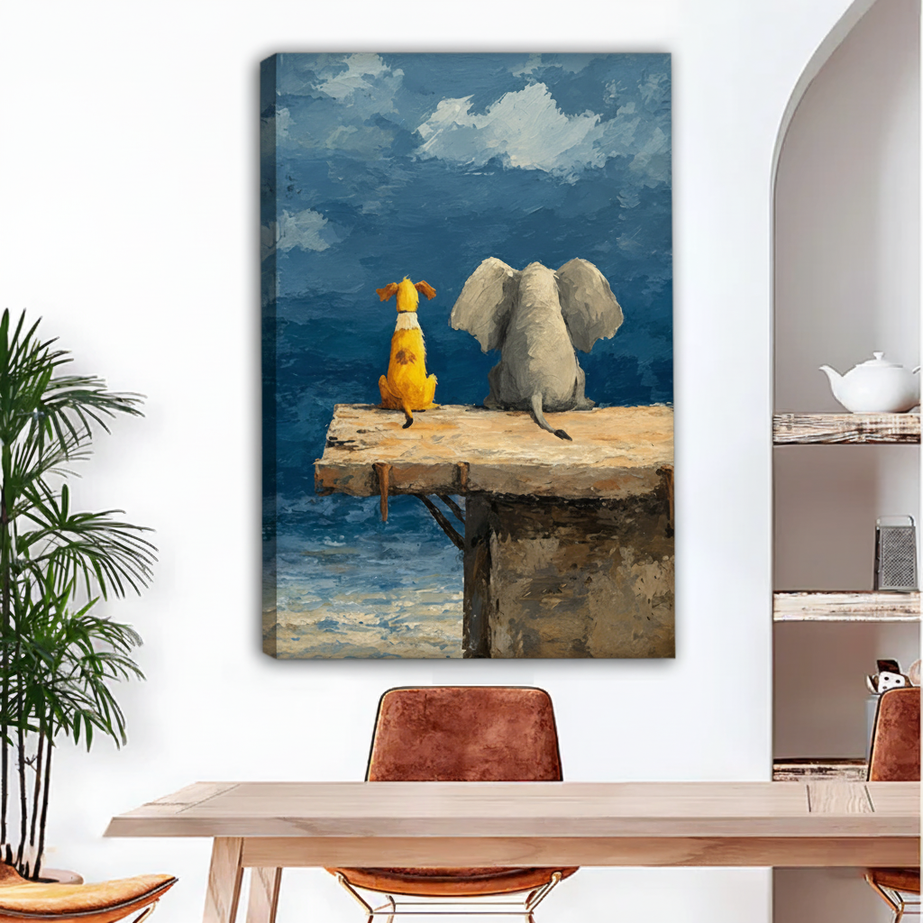 Gallery-wrap elephant and dog seaside canvas wall art styled above a dining table
