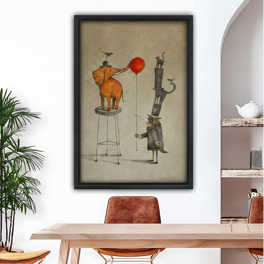 Black framed vintage storybook canvas of a golden elephant perched on a tall stool touching a red balloon with its trunk, next to a whimsical stacked cat character in a top hat holding the balloon string, rendered in warm sepia and amber tones on a parchment background, hung above a wooden dining table