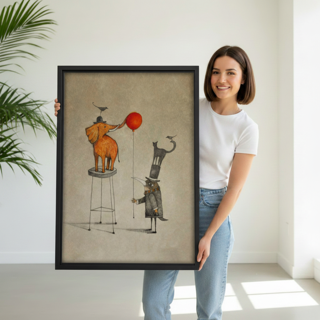 Smiling woman holding a large black-framed canvas art print of a whimsical circus scene with a golden elephant on a stool reaching a red balloon toward a tall stacked cat figure in a top hat, illustrated in a warm vintage storybook style on a parchment background