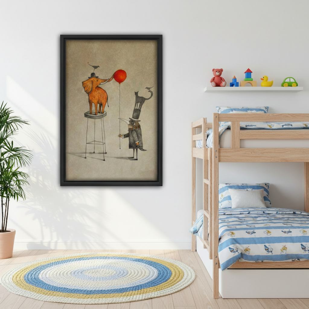 Black framed vintage circus storybook canvas of a golden elephant and stacked cat with a red balloon hung in a cheerful kids bedroom beside a wooden bunk bed with blue striped bedding, a colorful round rug, and toy shelf with a teddy bear and rubber duck