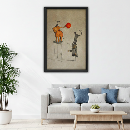 Black framed whimsical elephant and circus cat red balloon canvas hung above a light grey linen sofa with blue accent cushions in a bright Scandinavian living room, featuring a golden elephant on a stool and a stacked cat character in a top hat in warm vintage sepia tones