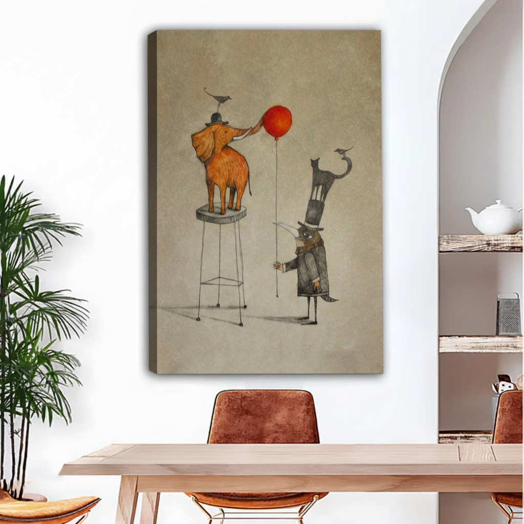 Frameless gallery-wrap canvas of a whimsical vintage circus scene featuring a golden elephant balancing on a stool holding a red balloon with its trunk, beside a tall stacked cat figure in a top hat, painted in warm sepia tones on a textured parchment background, displayed above a light wood dining table with leather chairs