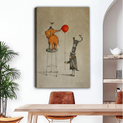 Frameless gallery-wrap canvas of a whimsical vintage circus scene featuring a golden elephant balancing on a stool holding a red balloon with its trunk, beside a tall stacked cat figure in a top hat, painted in warm sepia tones on a textured parchment background, displayed above a light wood dining table with leather chairs