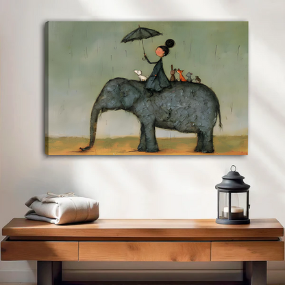 Black-framed elephant umbrella canvas wall art above white bedding and a wooden headboard, featuring a sage-green rainy scene.