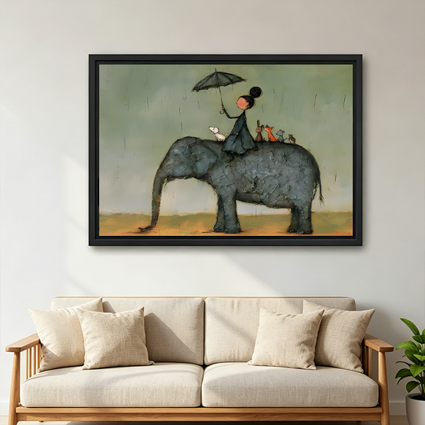 Gallery-wrapped elephant umbrella canvas wall art above a wooden console table with a lantern, showing a gray elephant.