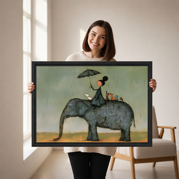 Whimsical elephant umbrella canvas wall art in a black frame above a cream sofa with wooden arms.
