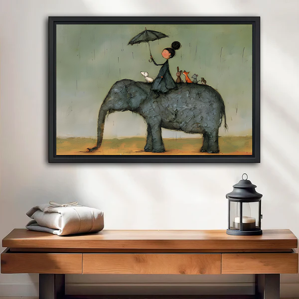 Woman holding black-framed whimsical elephant umbrella canvas wall art with a rider and small animal companions in the rain.