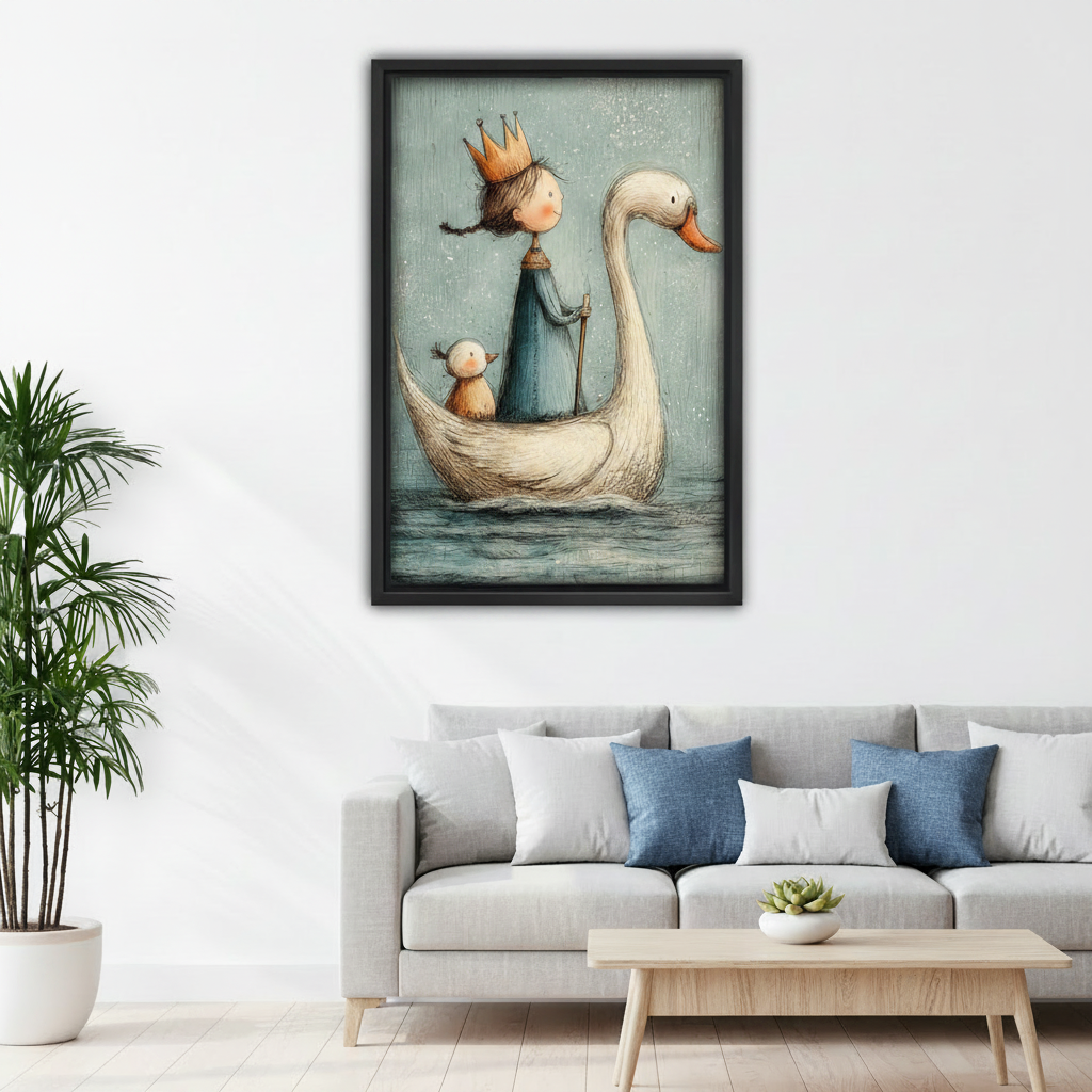 Enchanted swan and crowned princess canvas art in black frame above a grey sofa, styled in a Scandinavian-inspired living room