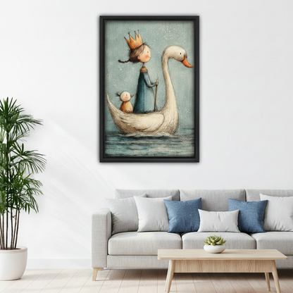 Enchanted swan and crowned princess canvas art in black frame above a grey sofa, styled in a Scandinavian-inspired living room