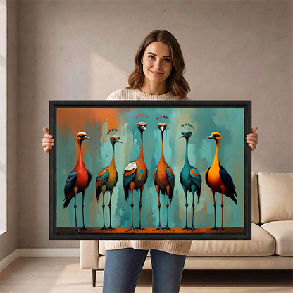 Woman holding large framed exotic tall birds teal canvas print to show size scale in neutral living room setting