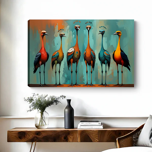 Unframed gallery-wrap canvas of six exotic tall birds in teal and burnt orange tones, hung above wooden console table in bright living room