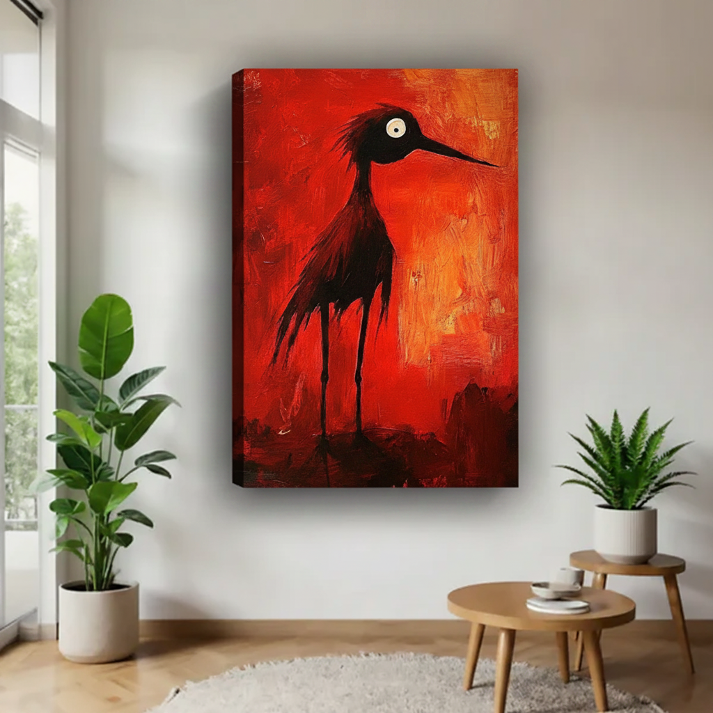 Expressionist black bird canvas art print unframed on vivid red background – contemporary bold wall decor for home