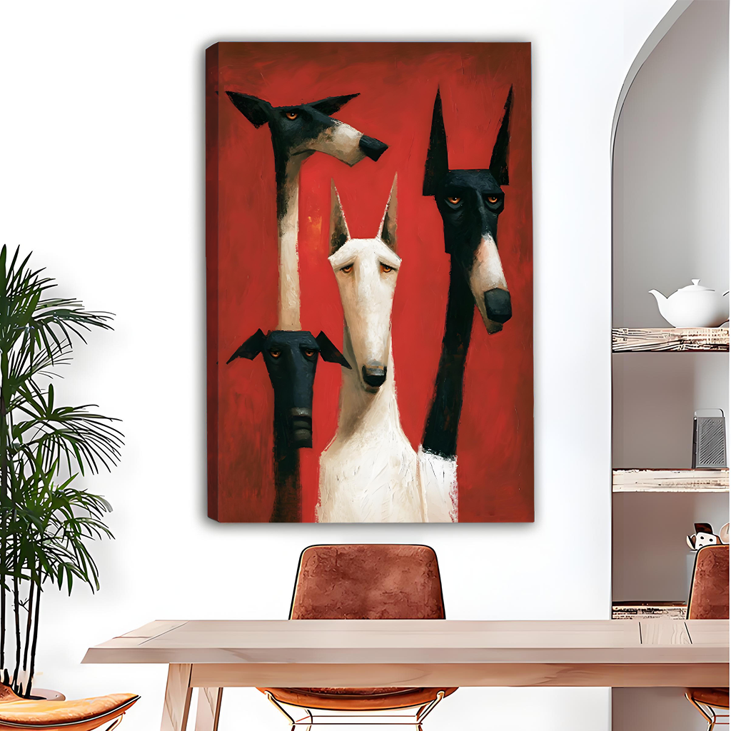 Bold greyhound expressionist gallery-wrap canvas art displayed above wooden dining table on deep red background