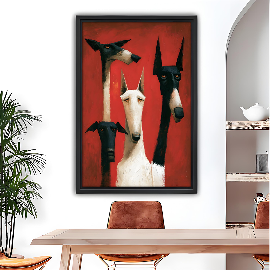 Expressionist greyhound pack canvas wall art in black frame above dining table with arched mirror and open shelving