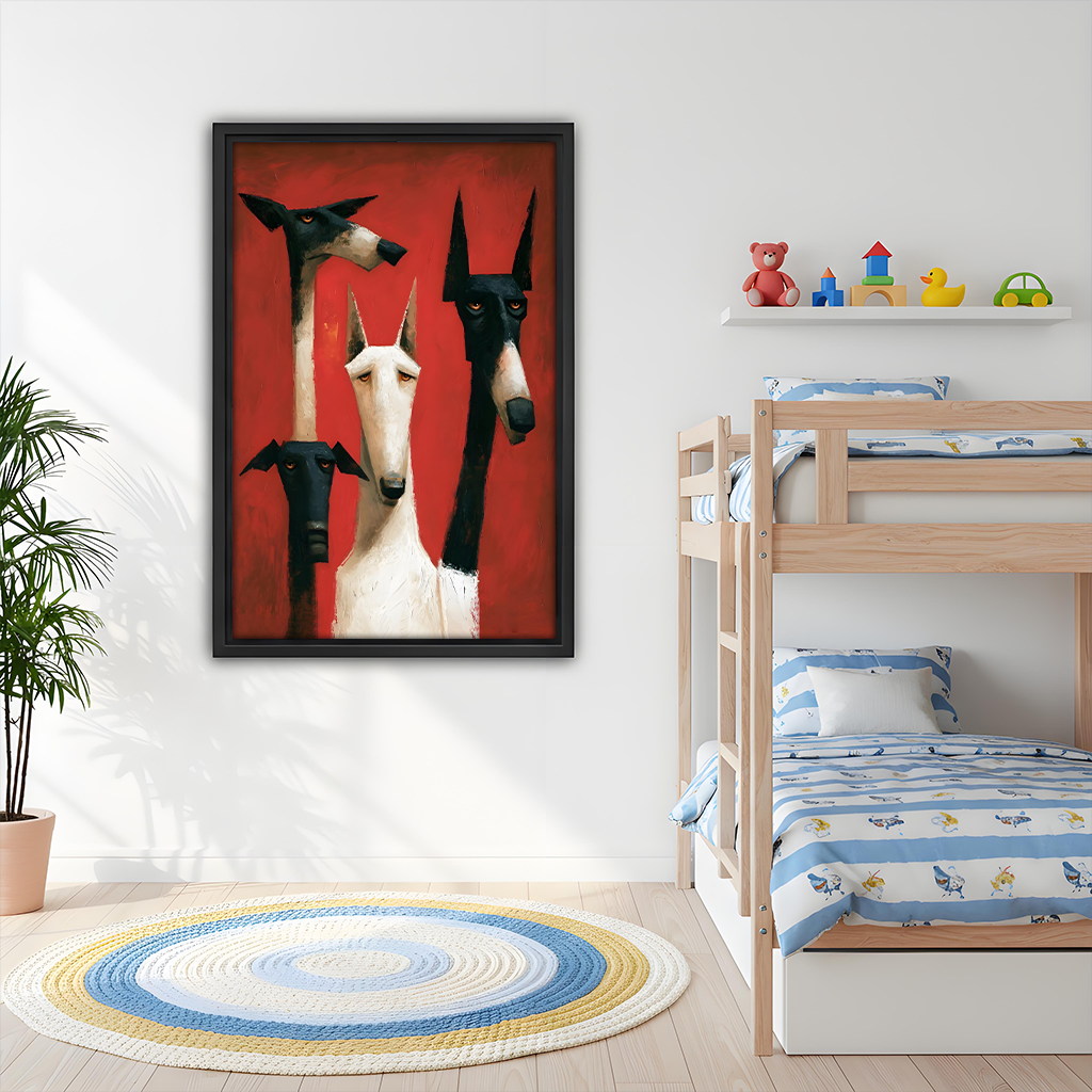 Dramatic expressionist greyhound framed canvas wall art hanging above bunk bed in colorful kids bedroom