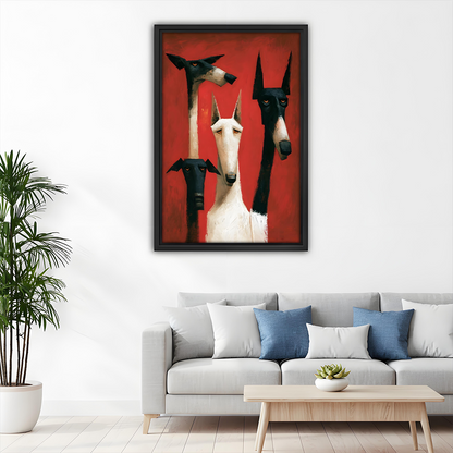 Expressionist greyhound dog wall art in black frame above grey sofa in modern Scandinavian living room with blue cushions