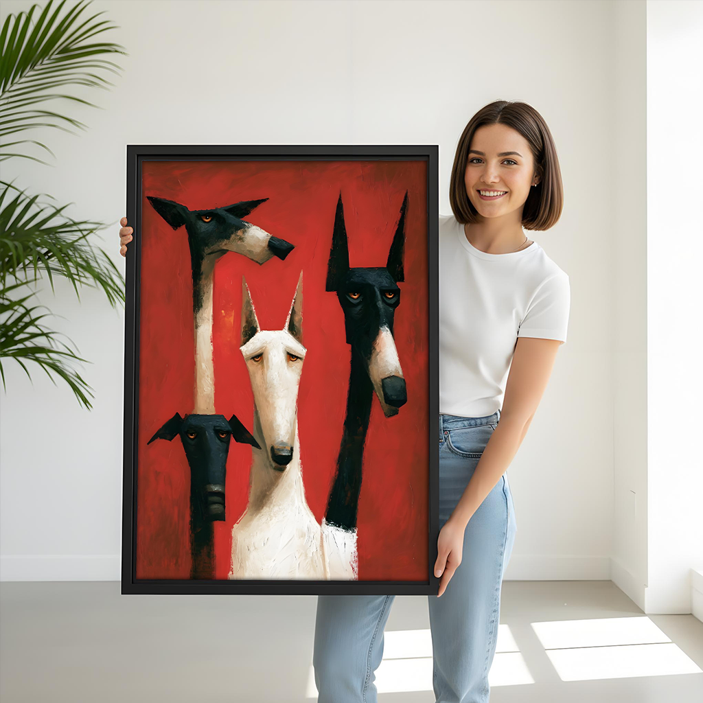 Woman holding large framed expressionist greyhound wall art print showing size scale in bright white room