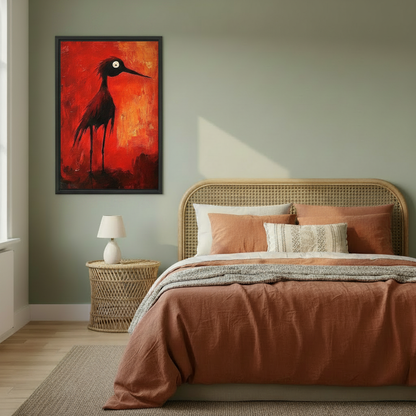 Expressionist red black bird canvas wall art in cozy bedroom setting – vivid red bold statement print